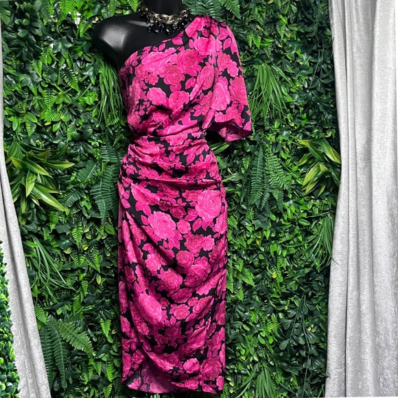 DO+BE Dress Medium Pink Black Rose Floral One Shoulder Ruched Midi 3476 - Picture 3 of 8